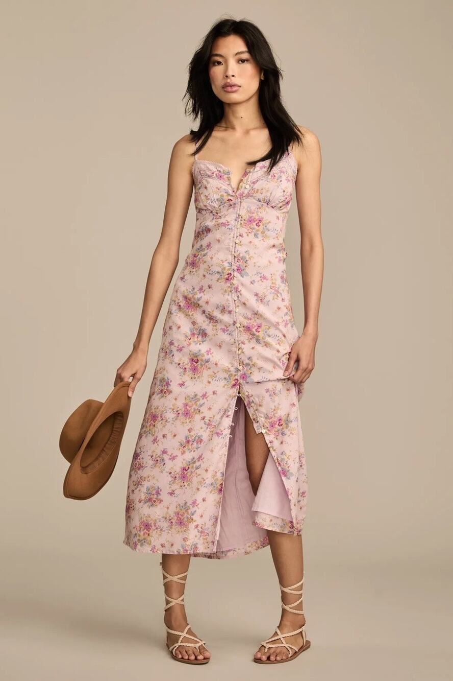 Lucky Brand Festival Floral Lace Trimmed Slip Dress in Pink Floral Size Small